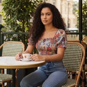 Monteau Multicolor Floral Puff Sleeve Smocked Crop Top Small